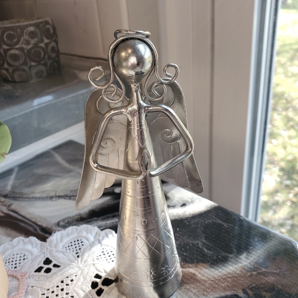 Metal Angel figurine, polished, stamped, approx 6"